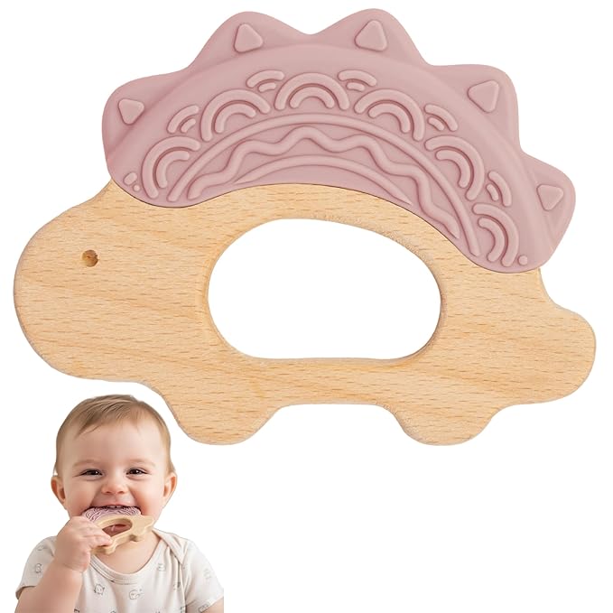 Baby Must Haves – Baby Teething Toys and Teether for Soothing Relief – Perfect for Teething Toys 3-6 Months and Shower Gifts – Soft, BPA-Free, Ergonomic Dinosaur Wood Design.