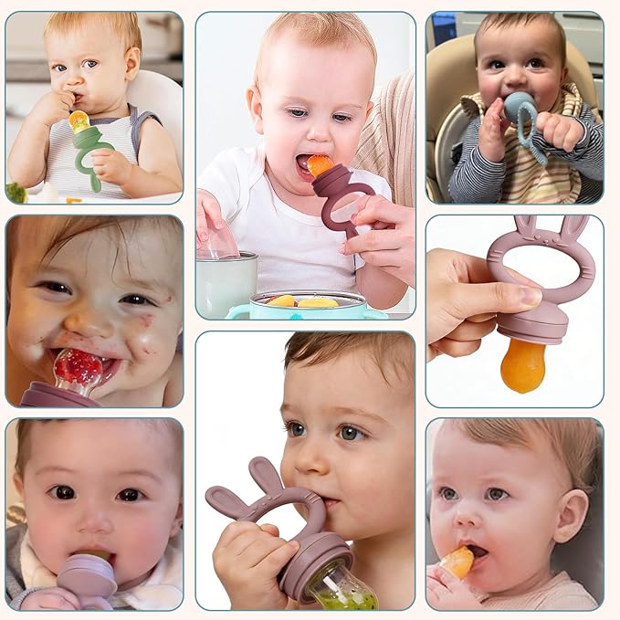 Baby Fruit Feeder Pacifier 2 Pack, Cute Bunny Silicone Food Feeder for Babies 4M+, BPA-Free Infant Teether for Fresh Fruit, Puree & Frozen Breastmilk, 4 Pouches