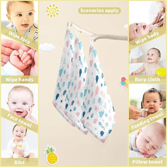 vvfelixl Baby Muslin Washcloths, Cute Sea Life Burp Cloths, Cotton Face Towel for Newborn Infants Boys Girls Soft and Absorbent 11.8 X 11.8 in, 3 Pack