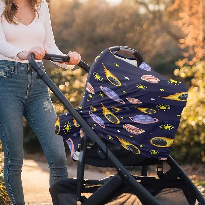 GIFTPUZZ Planet Nursing Cover for Breastfeeding, Baby Car Seat Cover, Infant Carseat Canopy Covers, Soft Breathable Stretchy Scarf, Multi-Use Stroller/High Chair Cover, Baby Shower Gifts