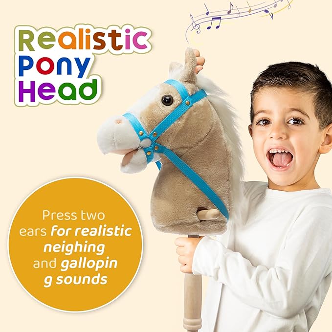 HollyHOME Stick Horse Plush Handcrafted Hobby Horse on a Stick with Wood Wheels Real Pony Neighing and Galloping Sounds for Kids Toddlers Beige 36 Inches(AA Batteries Required)