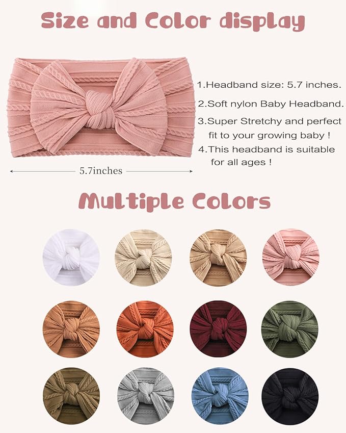 ALinmo 12PCS Baby Nylon Headbands Hairbands Hair Bow Elastics for Baby Girls Newborn Infant Toddlers Kids