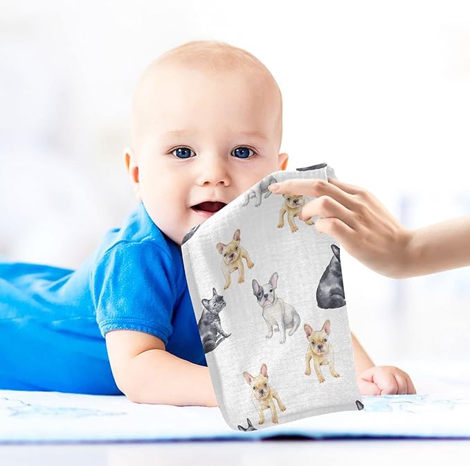 Baby Washcloths Cotton Pets French Bulldog Baby Muslin Washcloths Soft Baby Face Towel for Newborn Infants Baby Wipes, 11.8 X 11.8 Inch, 3 Pack