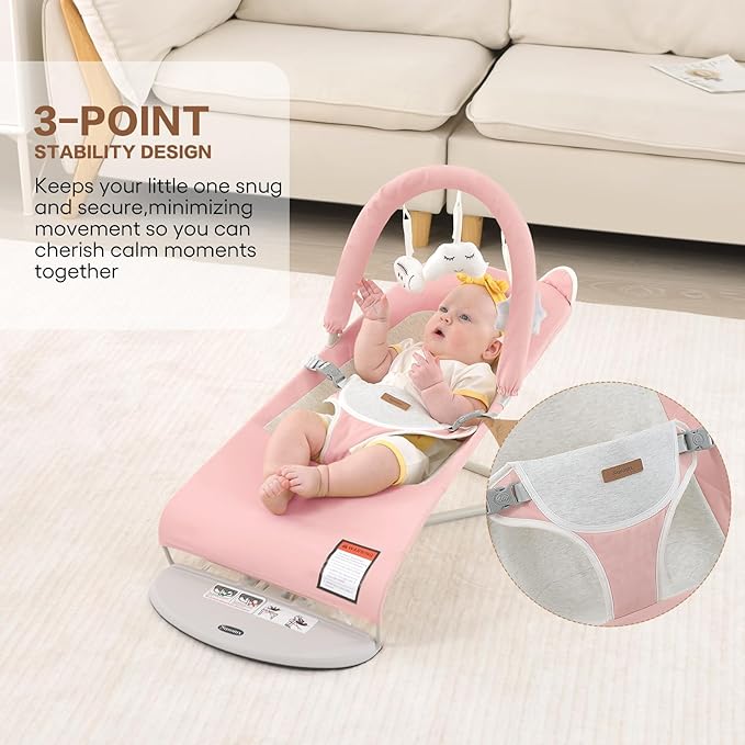 Baby Bouncer, Foldable Infant Bouncer Seat with 3 Adjustable Heights, 0-18 Months, Portable Baby Bouncer with Soft Cotton Fabrics, Lightweight & Easy to Wash