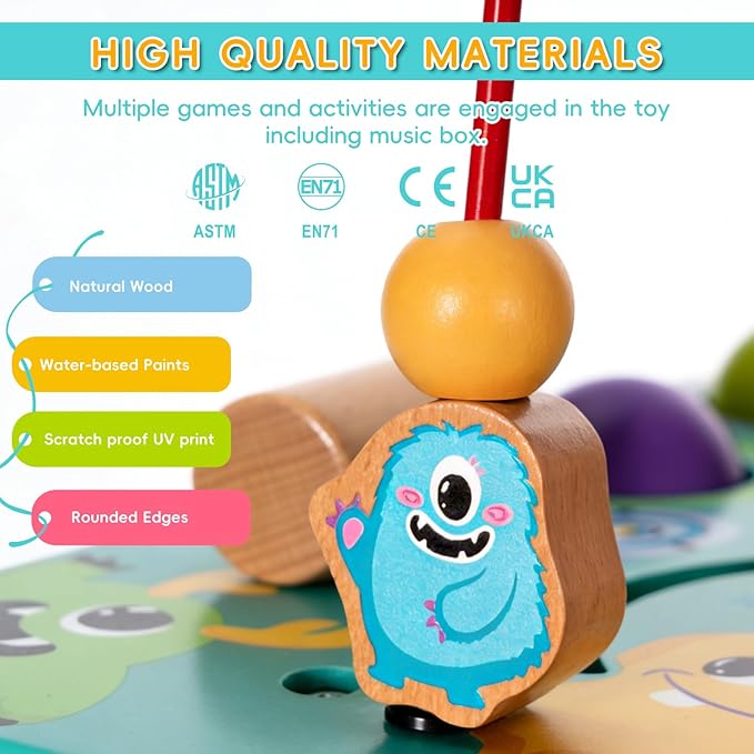 Pre-Assembled 9 in 1 Wooden Activity Cube. Educational Learning Toy for Kids with Bead Maze, Shape Sorter and Music Gears and More. for Toddlers 18 Month+. Birthday Gifts for Boys and Girls