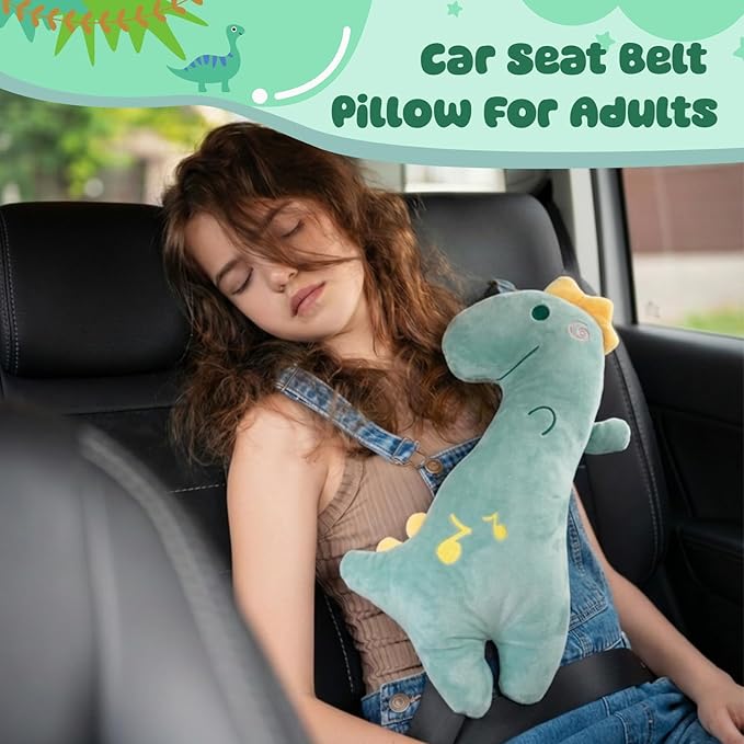 Lenwen 2 Pcs Seat Belt Pillow for Kids Cover for Boys Girls Seatbelt Cushion Pillow for Toddler Car Strap Covers for Travel Sleep Neck Head Support Pad(Green,Dinosaur)