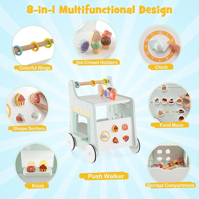 HONEY JOY Baby Push Walker, 8-in-1 Wooden Kids Ice Cream Cart & Activity Walker, Develop Motor Skills & Creativity, Dessert Shop Push Toys for Babies Learning to Walk, Gift for Boys and Girls (Green)