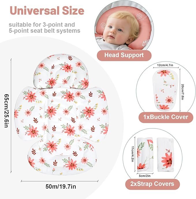 KAKIBLIN Infant Car Seat Insert, Baby Car Seat Cushion, Car Seat Head Support for Infant,Breathable Reversible Carseat Insert Support for Newborn Stroller, Baby Swing, Bassinets, Pushchair (Pink)