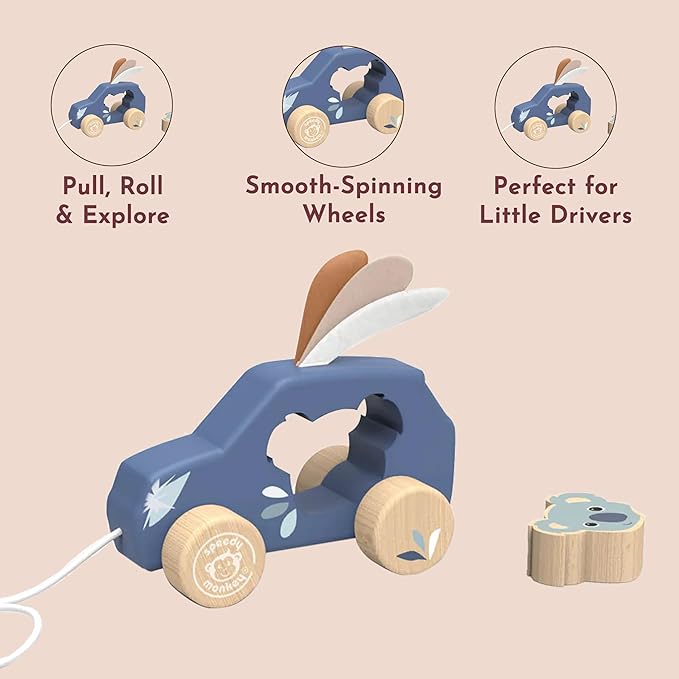 Speedy Monkey Wooden Pull‑Along Car for Toddlers 12m+ | Multicolor Rolling Pull Toy for Kids, Boys & Girls | Baby Toy Early Learning Activity Play – Enhances Balance, Gross Motor Skills & Coordination