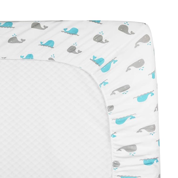 TL Care 100% Natural Cotton Fitted Pack and Play Sheet 39" x 27" - Soft & Breathable Pack N Play Sheet for Playpen, Playard & Mini Crib Mattress, Aqua Whale, for Boys & Girls