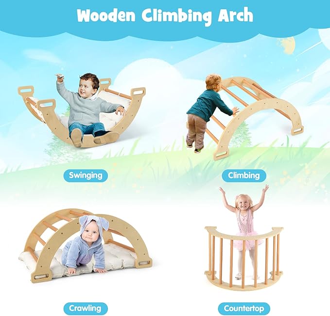 INFANS Wooden Arch Climber Rocker with Soft Cushion, 4 in 1 Montessori Climbing Ladder Toys for Toddlers, Waldorf Indoor Baby Children Ladder Gym Learning Playset Gift for Kids Boys Girls