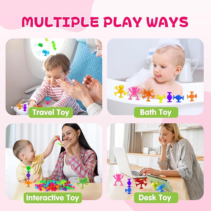 Suction Cup Kids Bath Toys for Toddler Aged 3, 60PCS Animal and Textured Suckers, Montessori Sensory Gifts for Kids 4-8 Years Old, Educational Learning Building Toy