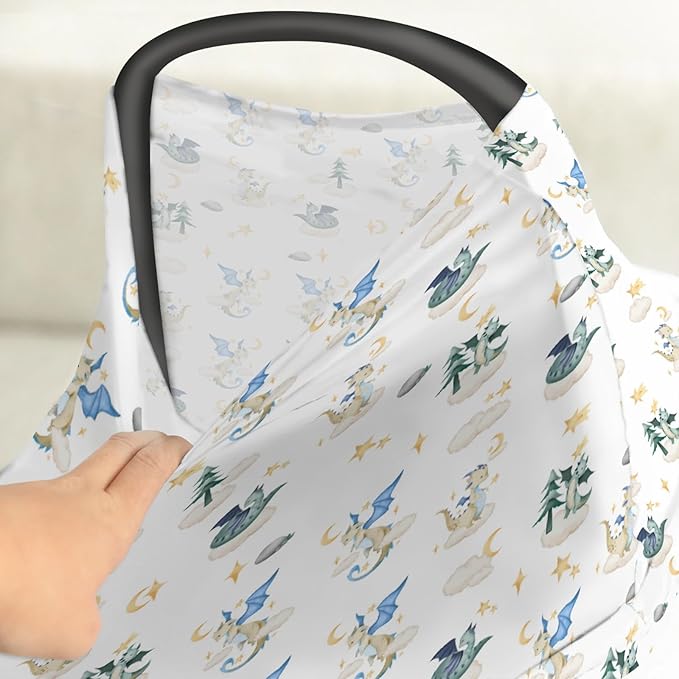 Fantasy Dragon Car Seat Covers for Baby Fairytale Dragons Moon Stars Clouds Trees Stretchy 5-in-1 Cover Adjustable Car Canopy Breastfeeding Cover Myth Animal Breathable Nursing Cover-Up