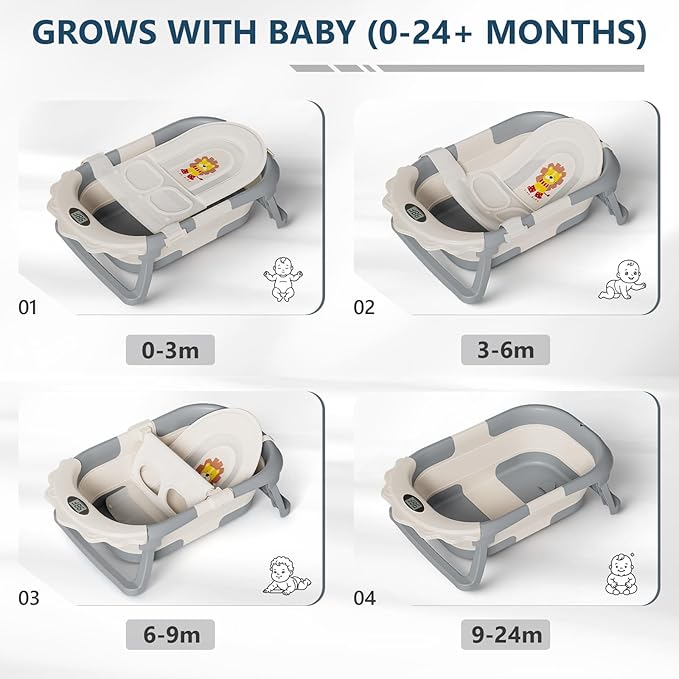 MoreFeel Foldable Baby Bathtub with Thermometer - 4-in-1 Grow-with-Me Collapsible Infant Tub (Newborn to Toddler) with Adjustable Mesh Sling - Space Saving Design