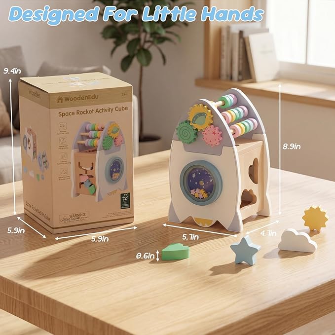 Wooden Space Rocket Activity Cube Toys for Baby, Montessoritoys for 2 3 Year Old Boy & Girl Birthday Gifts, Sensory and Educational Birthday Gifts, Busy Board Toys for Baby Boy