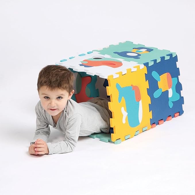 LUDI Animal Rug - Giant Puzzle - 9 Foam Tiles - From 10 Months - Awakening Baby - Develops Wellbeing, Touch, Discovery and Reflection - 90 x 90 x 1.2 cm
