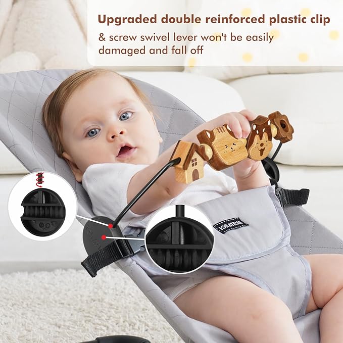 iGRATENS Three-Dimensional Baby Bjorn Bouncer Toy Bar, Toy for Baby Bouncer Soft & Bliss, Easy to Attach and Remove, 360°Rotating Natural Wooden Toys, Double-Sided Raised Design, Cat & Dog