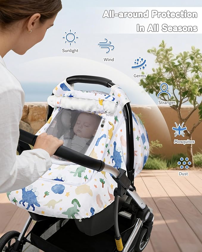 Car Seat Cover Baby Boy, Infant Carseat Covers with Mesh, Dual-Layer Protection for Summer Winter, Easy Access Newborn Canopy Breathable, Windproof & Fit Baby Stroller, Dinosaur
