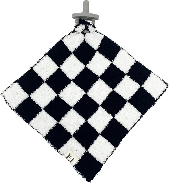 L+L USA Checkered Baby Lovey Pacifier/Teether Holder 10"x10" - DreamSoft Plush Fluffy Cuddly Soothie Reversible Mini Comfort Blanket - Cute Newborn Gift Essential Babies Boys Girls (Black/White)