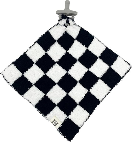 L+L USA Checkered Baby Lovey Pacifier/Teether Holder 10"x10" - DreamSoft Plush Fluffy Cuddly Soothie Reversible Mini Comfort Blanket - Cute Newborn Gift Essential Babies Boys Girls (Black/White)