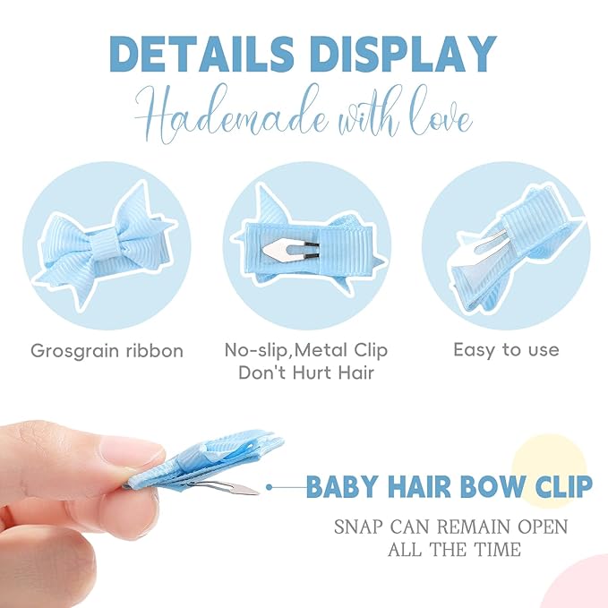YHXX YLEN 40PCS Mini 1.4" Bow Snap Clips, Baby Hair Clip Grosgrain Ribbon Tiny Hair Bows Clips in Pairs for Baby Girls Toddlers Infant Fine Thin Hair