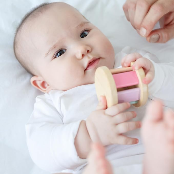 PlanToys® Pastel Wooden Roller Toy for Babies | Montessori Sensory Toy with Gentle Rattle Sound | Eco-Friendly Crawling & Motor Skill Toy for Infants 6+ Months