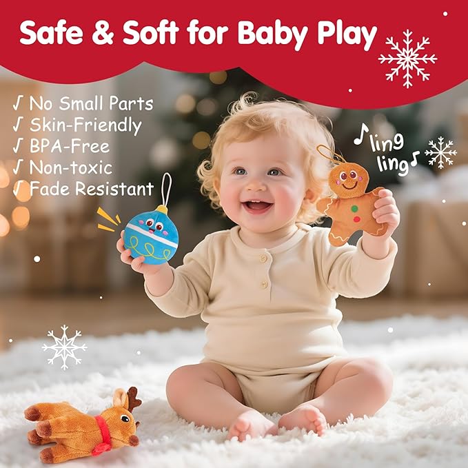 hahaland Baby Toy for 6–12 Months – Musical & Sensory Plush Toy Set with Gingerbread House, Santa, Reindeer & Rattles, Soft Infant Activity Toys, Baby Easter Basket Stuffers