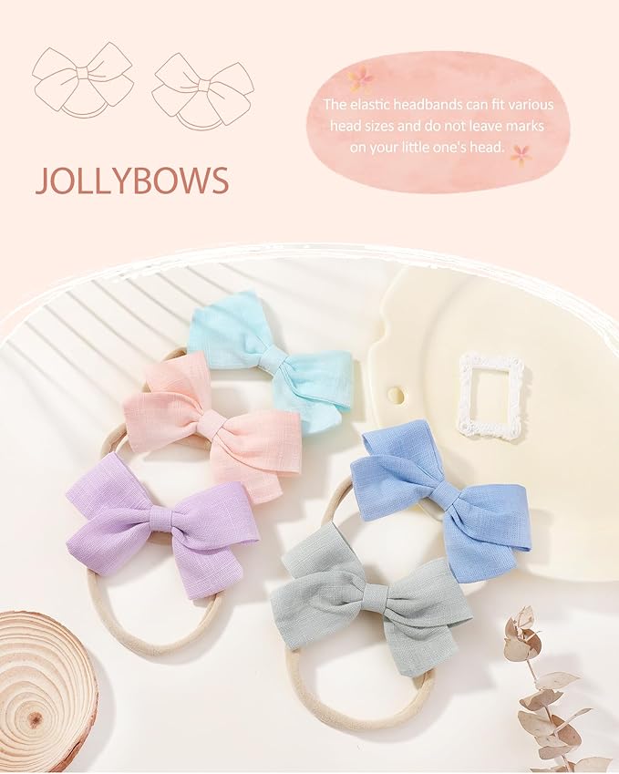 jollybows 20pcs Baby Girls Nylon Hair Bows Headbands Linen Bands Elastic Accessories for Baby Girls Infants preemie and Newborn Kids