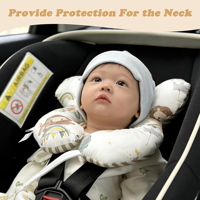 Toddler Travel Pillow Head Body Support for Car Seat and Stroller, Soft Reversible U-Shape Seat Comfort Accessory, Cartoon Lion