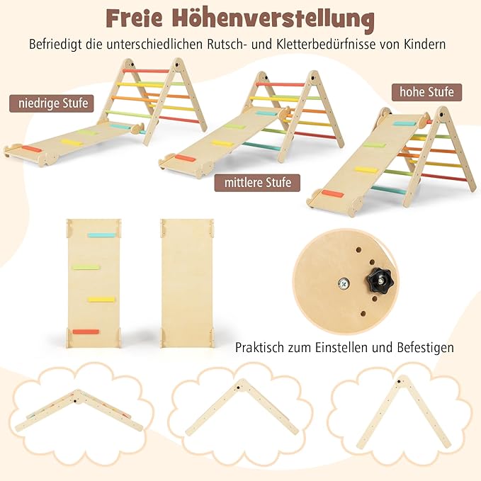 COSTWAY Climbing Triangle with Slide, 7-in-1 Indoor Climbing Frame for Children from 3 Years, Includes Climbing Triangle Foldable & Height Adjustable, Reversible Ramp, Step Stool Convertable,