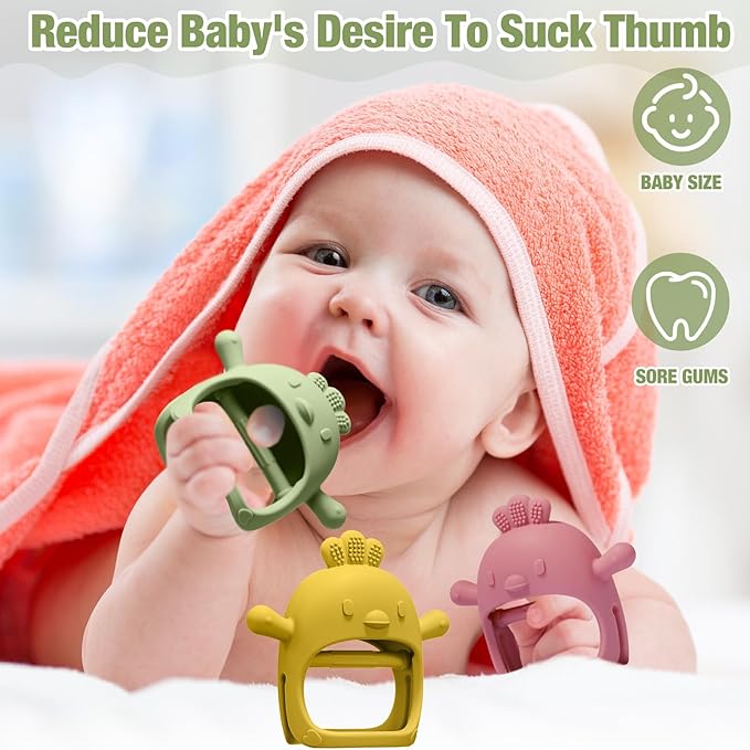 3 Pack Baby Teether Teething Toys for Babies 0-6 Months Baby Teething Toy Silicone Anti Dropping Infant Hand Teether Pacifiers Wrist Hand Chew Toys for Sucking Needs(Olive Green, Red, Yellow, Chick)