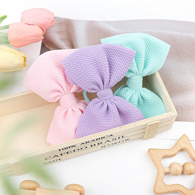 3PCS 4.5’’ Hair Bows for Baby Girls Newborn Infant Toddler Headbands Light Blue & Purple & Pink Bow of Hair Accessories Soft Girl Head Wraps