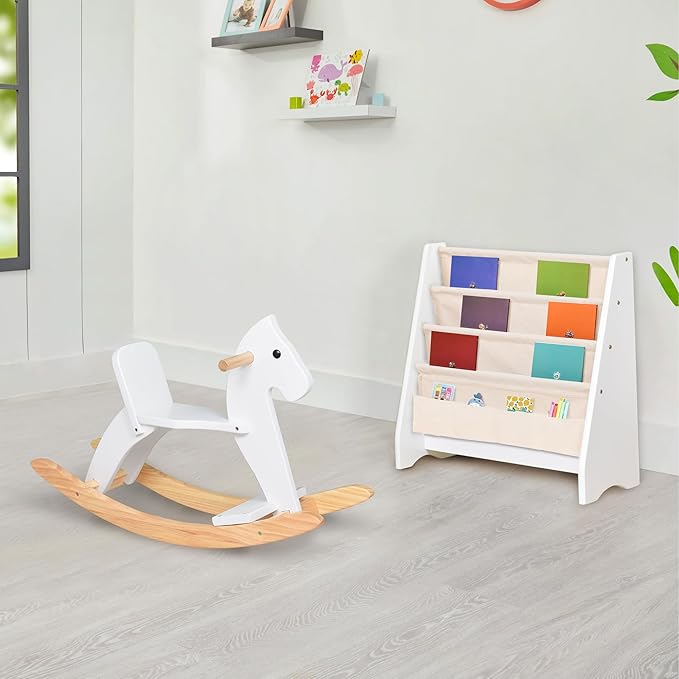 Wooden Rocking Horse Baby Ride On Toy for Toddlers Solid Wood Classic Design with Comfortable Pedal and Safe Backrest Ideal Gift for Kids (Classic, White)