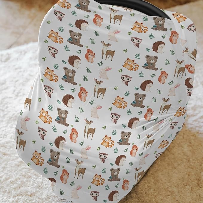 Cute Forest Animals Leaves Baby Car Seat Covers Bear Deer Raccoon Squirrel Bunny Hedgehog Owl Stretchy 5-in-1 Cover Adjustable Car Canopy Cover Wildlife Breathable Nursing Cover-Up