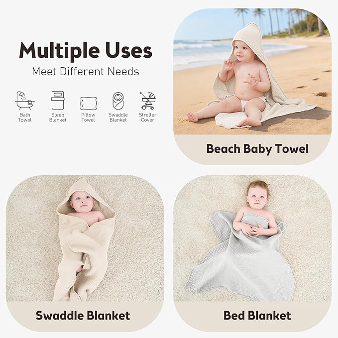 Susurration 2 Pack Thick Muslin Baby Towels, 100% Cotton Soft and Absorbent Baby Bath Hooded Towel for Newborn, Infant, Girls, Boys, Baby Essentials