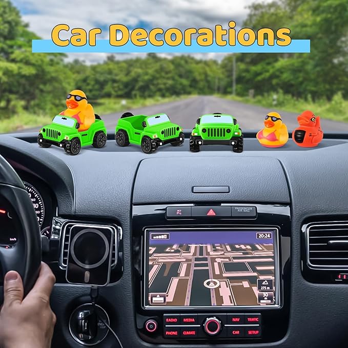 ANGGIKO 3.5 Inch Green Car Toy Match Most 2 in Rubber Ducks, Ducks for Jeeps, Vehicle Toys for Car Dashboard Decorations Accessory Rubber Duck Collection, Easter Basket Stuffers for Kids Party Favors