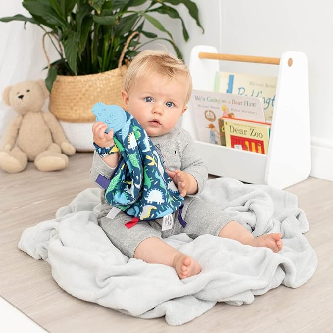 Cheeky Chompers Comfortchew | Baby Lovey with Silicone Teether & Sensory Tags | Soft Fleece Material, Attachable Loop, Machine Washable | (Baby Dino)