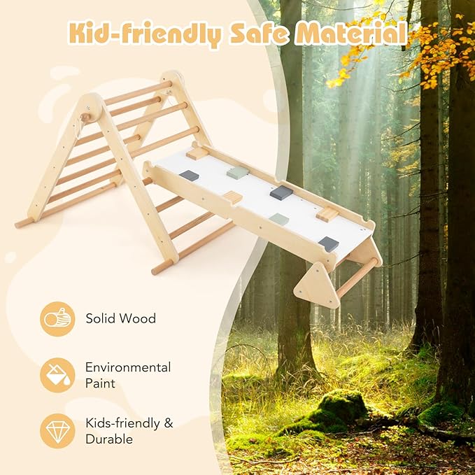 Olakids Pikler Triangle Set 7 in 1 Climbing Toys for Toddlers Foldable Baby Wood Montessori Jungle Gym with Angle Adjustable Ladder Seesaw Ramp Indoor Playground (Wood)