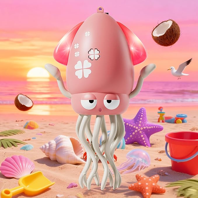 Interactive Dancing Octopus Toy, LED Light-Up Music Crawling Squid with Smart Obstacle Avoidance & Fishing Rod,Tummy Time Baby Toy, Musical Toy for 3 4 5 6 Year Old Boys and Girls(Red)
