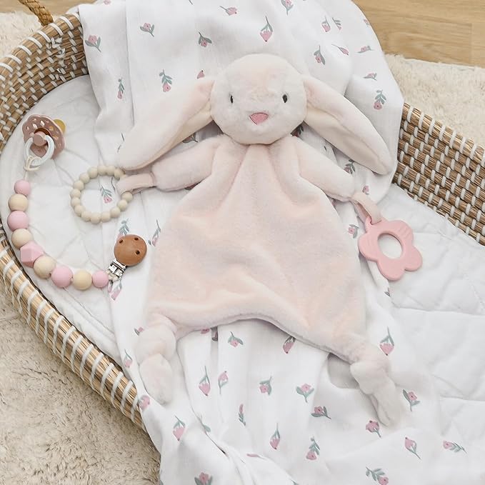 Loveys for Babies, Lovey Including Silicone Teether, Soft Bunny Stuffed Animals Security Blanket, Baby Snuggle Toy, for Newborn Boys and Girls