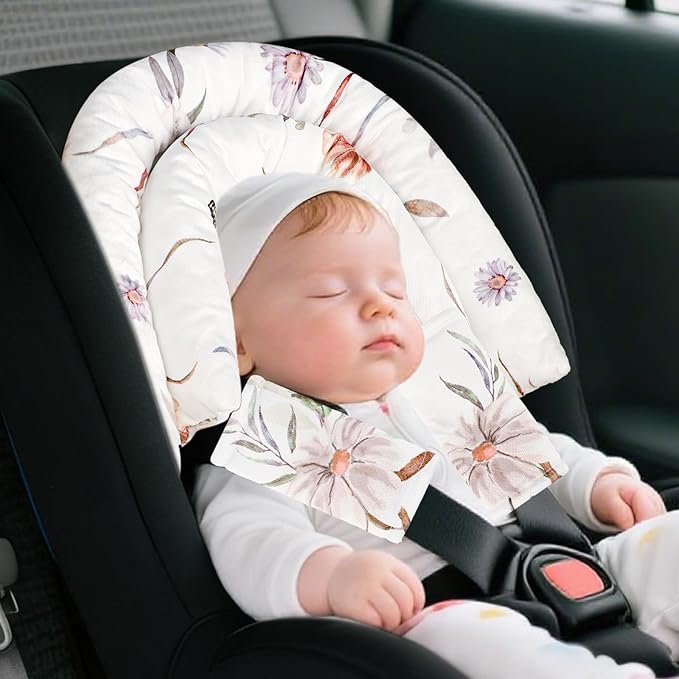 2-in-1 Infant Car Seat Insert, Upgraded Newborn Carseat Insert, Breathable & Soft Baby Car Seat Head Support with 2 Strap Covers for Girls, Perfect for Carseat, Stroller, Swing, White Flower