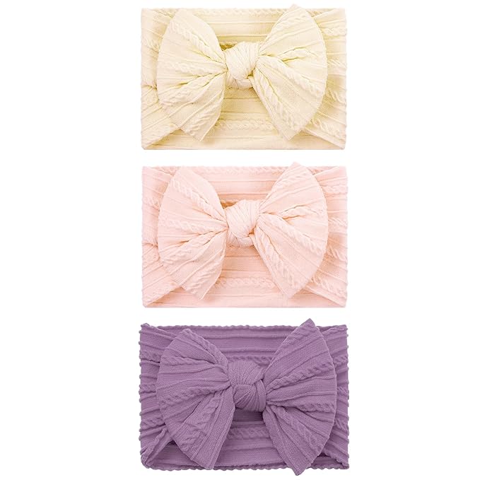 baotongle 3pcs Baby Girls Headbands Soft Stretchy Nylon Hair Bands Hair Accessories with Bows for Newborn Baby Girls Infant Toddlers Kids(Beige,Violet,Peack Pink, 5.7inches)