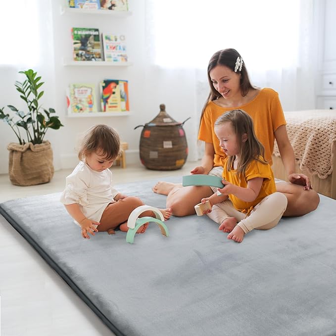 HOMBYS Thick Play Mat for Playpen 84x60, Supportive 0.8" Memory Foam Baby Play Carpet Mat with Non-Slip Backing for Kids Toddler Crawling and Play, Super Soft Velvet Playmat for Nusery, Grey