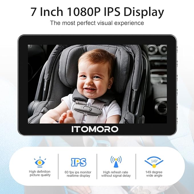 Itomoro Rear Facing Mirrors, 7'' HD 1080P Baby Car Camera, Infrared Night Vision Function Camera with 150° Wide View & 360° Rotatable Easy Installation in 5 Mins