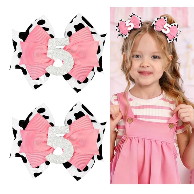 Cow Print Birthday Bow Hair Clip, Pink Farm Animal Theme 5 Year Old Hair Bow Clip Accessory for Toddler Girls Party Baby Shower Decor