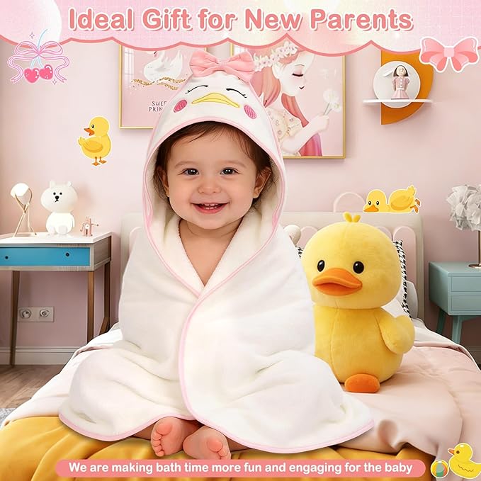 Flasoo 4 PCS Baby Towels Set, Soft Baby Towels and Washcloths Set, 1 Hooded Baby Towel and 3 Baby Washcloths for Newborns, Toddlers, and Kids, 32x32 Baby Towel with Hood for Boy and Girl (Pink Duck)