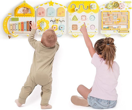 ROBUD Activity Wall Busy Board, Spring Train Montessori Busy Board, 12-in-1 Wooden Sensory Wall Panel, Montessori Sensory Wall Panel for Boys & Girls, Ideal for Toddler Playroom Nursery Classroom