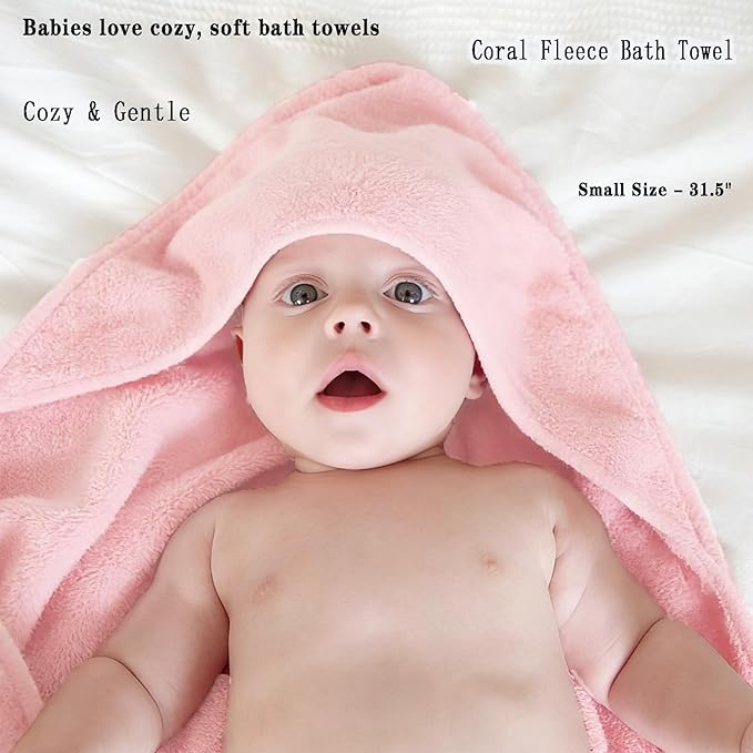 Baby Hooded Bath Towel 31.5"x31.5" Ultra Absorbent Cloud-Soft Cozy Coral Fleece, for Newborn Infant Toddler Up to 3 Years, Unisex Bathrobe Blanket 2PCS(Sakura Pink)
