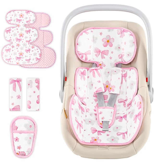 Hooyax Infant Car Seat Insert with Ultra-Thick Head Support - Universal 3-in-1 Baby Car Seat Cushion Set, Dual-Sided Newborn Carseat Insert for Carseat, Stroller, Bouncer, Swing(Bow)