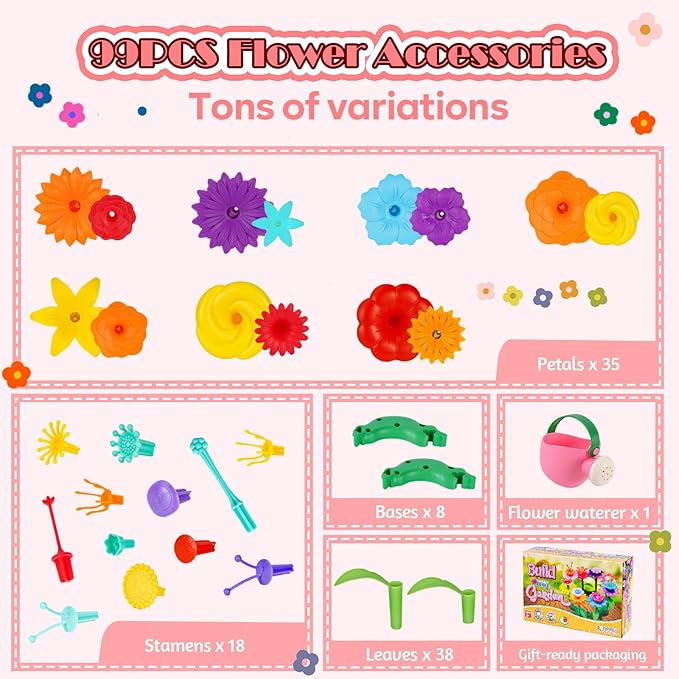 FUNZBO 99pcs Girls Flower Garden Building Toys Set - Spring Toys for 3 4 5 6 7 8 9 Years Old Girls, STEM Montessori Educational Toys for Toddlers Kids,Sorting & Stacking Toy for Birthday Gifts